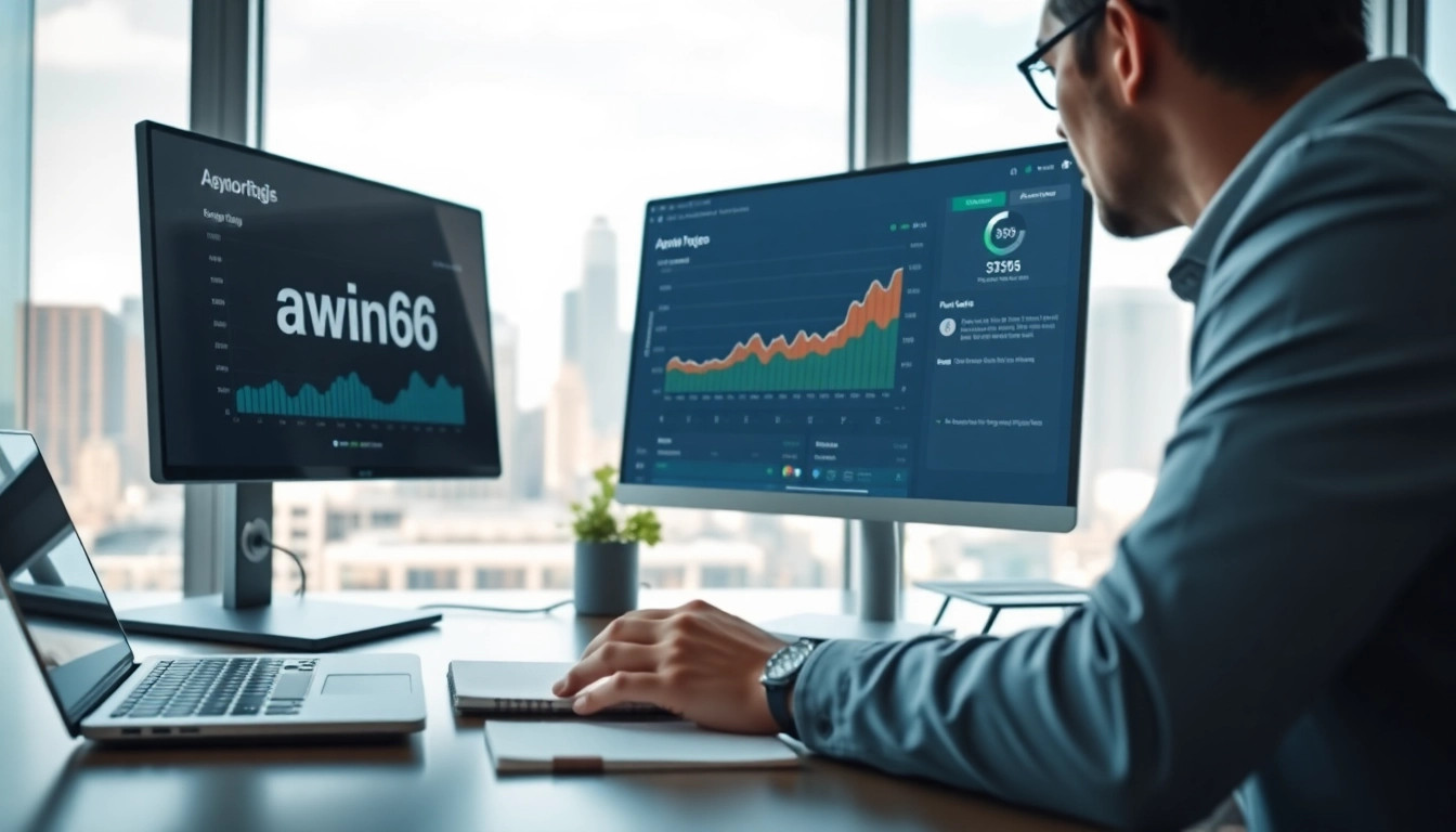 Analyze SEO metrics for "awin66" in a modern office setting featuring graphs and charts.