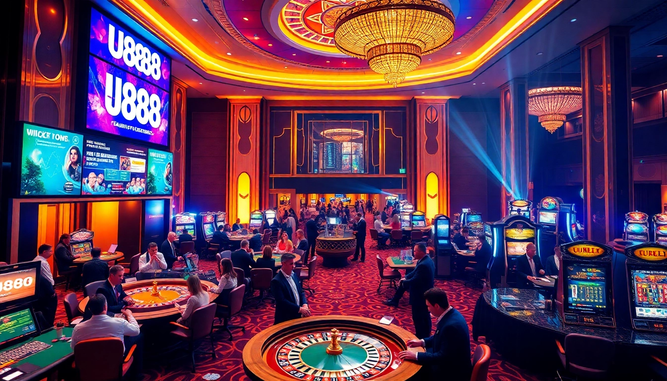 Experience the thrill of U888 as players engage with vibrant slot machines and high-stakes tables in a dazzling casino.