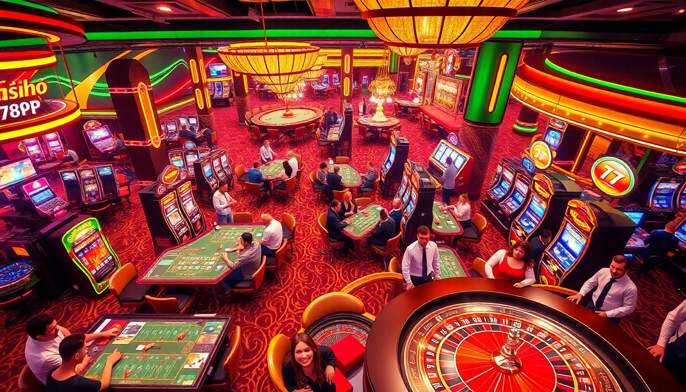 Experience the excitement of casino gaming at trang chủ 789p with players and vibrant slot machines.