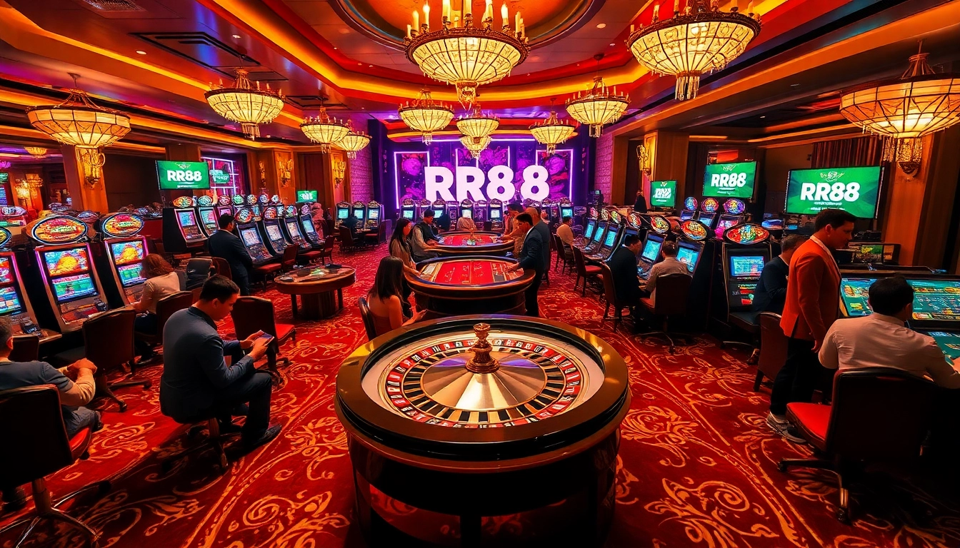 Exciting gameplay at RR88 casino with players surrounding a roulette table, vibrant energy, luxury decor.