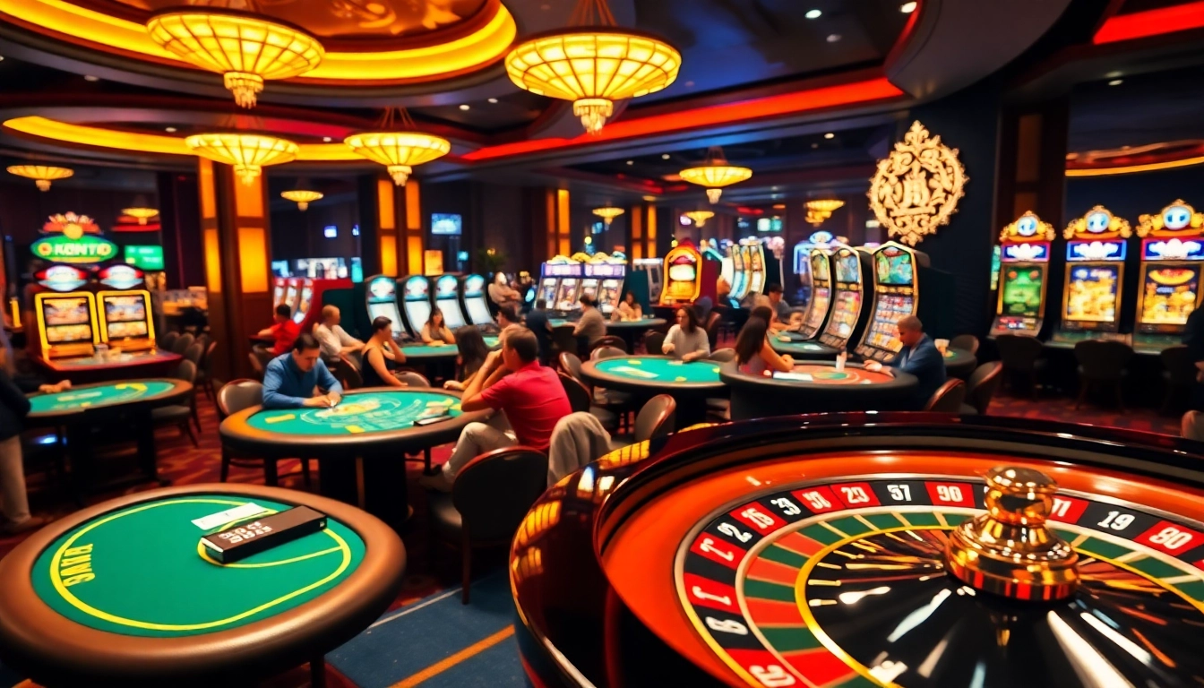 Immerse yourself in the vibrant casino atmosphere inspired by https://fun88zone.net/, showcasing live poker games and illuminated slot machines.